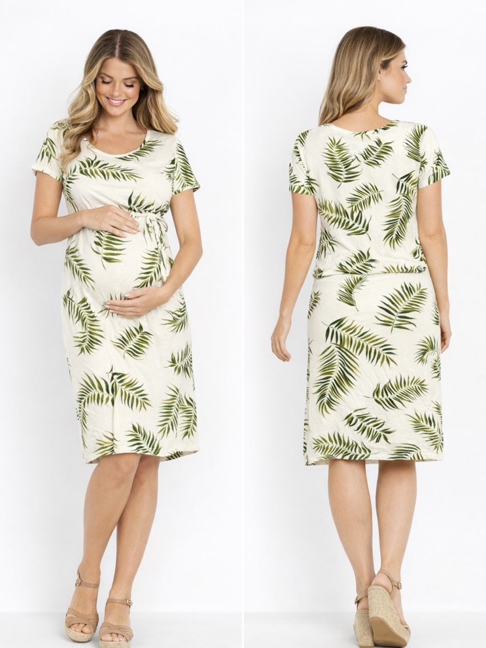 H&M Mama Maternity Palm Leaf Dress | Cream Green Tie Waist Summer Dress | XS